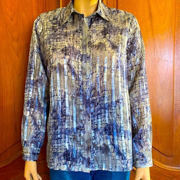 Vintage Top Metallic Blouse Button Up Shirt Geo Print w/Shoulder Pads Size 8 - Picture 2 of 7